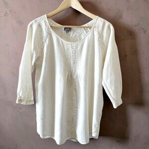 J Jill White Linen Blend Pintuck Peasant Blouse SMALL Crochet Cottagecore BOHO